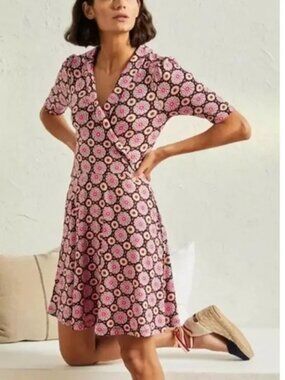 Boden Fixed Wrap Jersey Mini Dress Floral Short Sleeve Black, Opulent Daisy